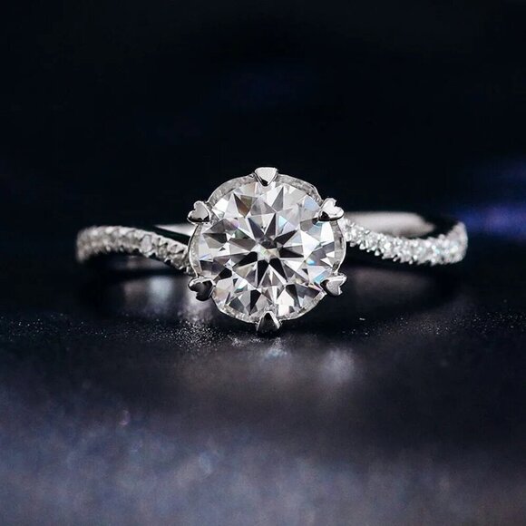 😍MOISSANITE SILVER ROUND TWISTED BIG FLOWER SOLITAIRE ENGAGEMENT RING, K758 - Picture 10 of 11